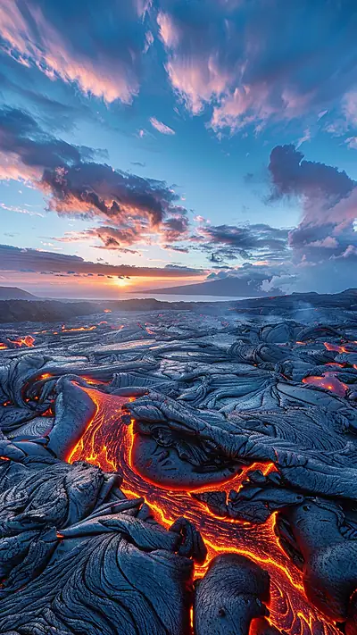 Volcanic Lava Fields at Sunrise, AI-generated landscape phone wallpaper