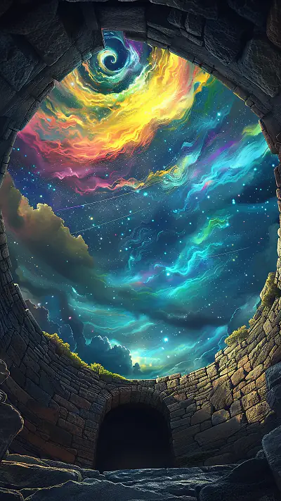 Ancient Well to Cosmic Sky, AI-generated cosmic phone wallpaper