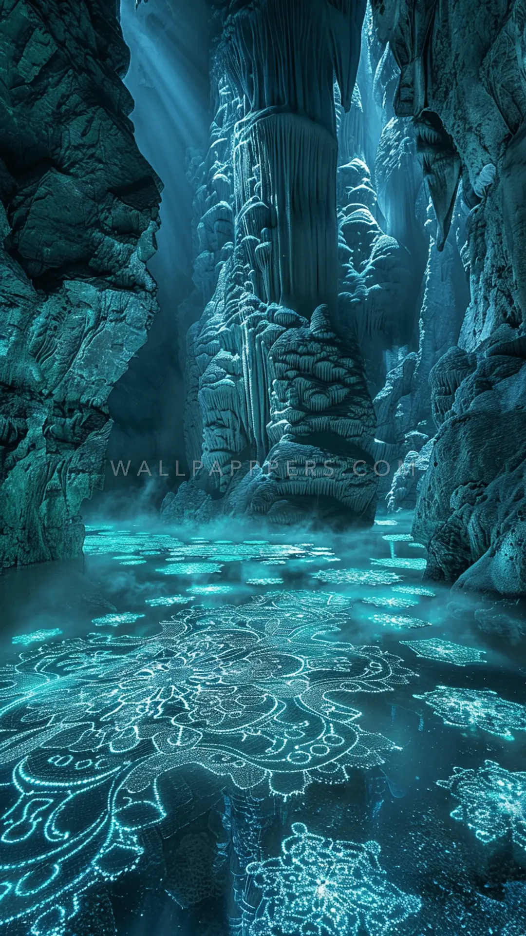 Mysterious Glowing Cave Depths, AI-generated underwater phone wallpaper