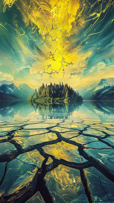 Cracked Lake Landscape, AI-generated surreal phone wallpaper