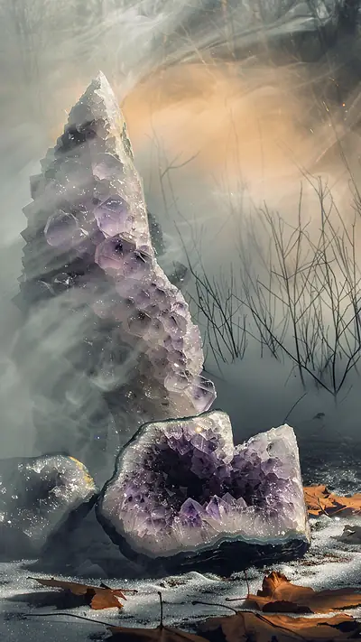 Glistening Amethyst Geodes, AI-generated crystals phone wallpaper
