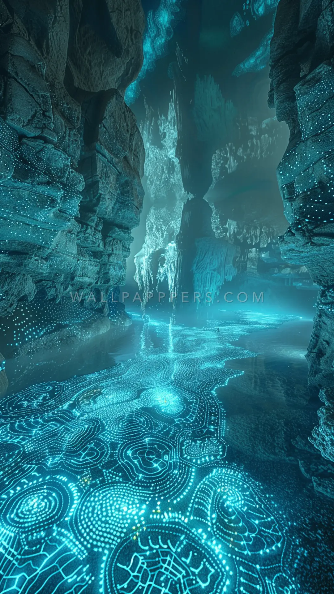 Glowing Cave With Water, AI-generated underwater phone wallpaper