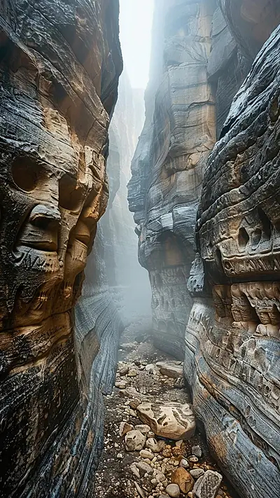 Ancient Faces Canyon, AI-generated fantasy phone wallpaper