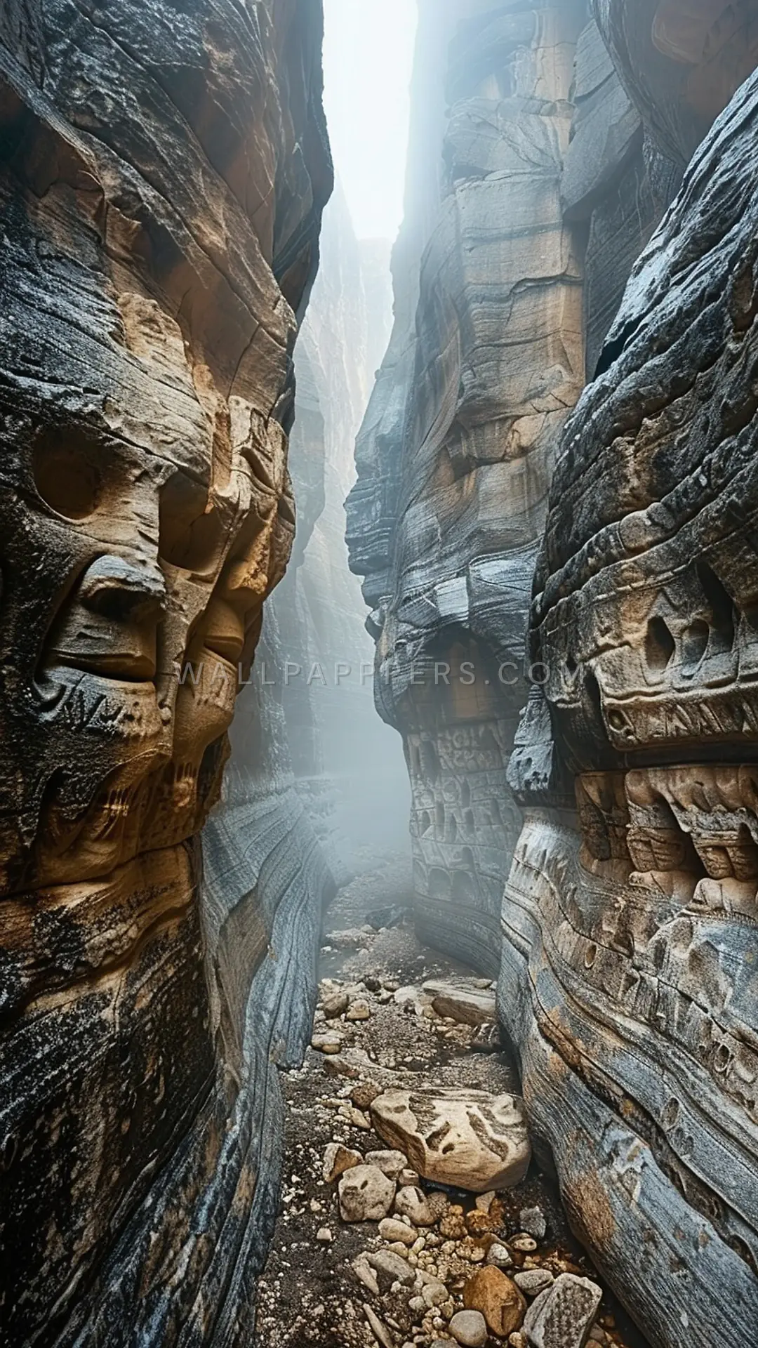 Ancient Faces Canyon, AI-generated fantasy phone wallpaper