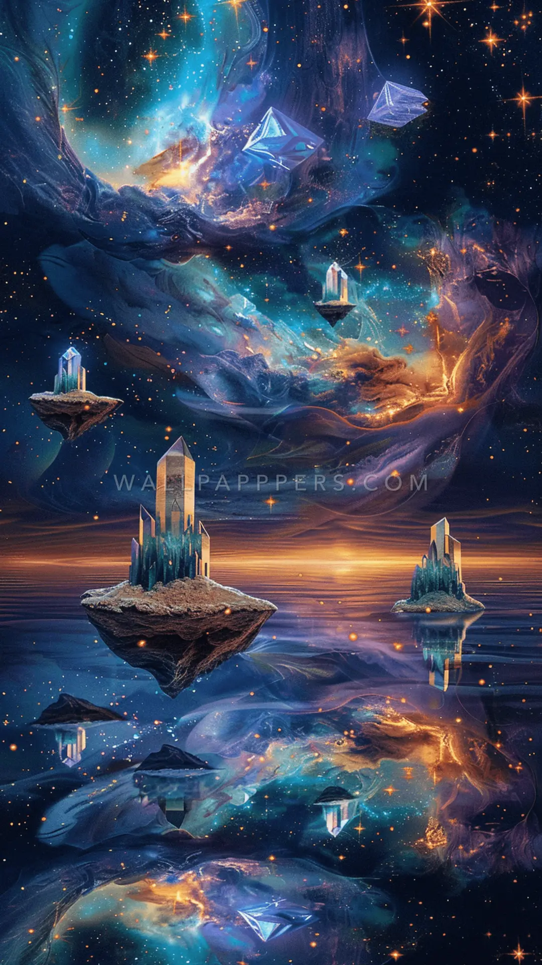 Floating Crystals In Cosmos, AI-generated surreal phone wallpaper
