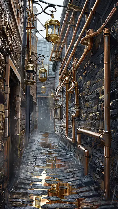 Steampunk Alley Adventure, AI-generated steampunk phone wallpaper