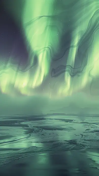 Aurora Over Foggy Bay, AI-generated aurora phone wallpaper