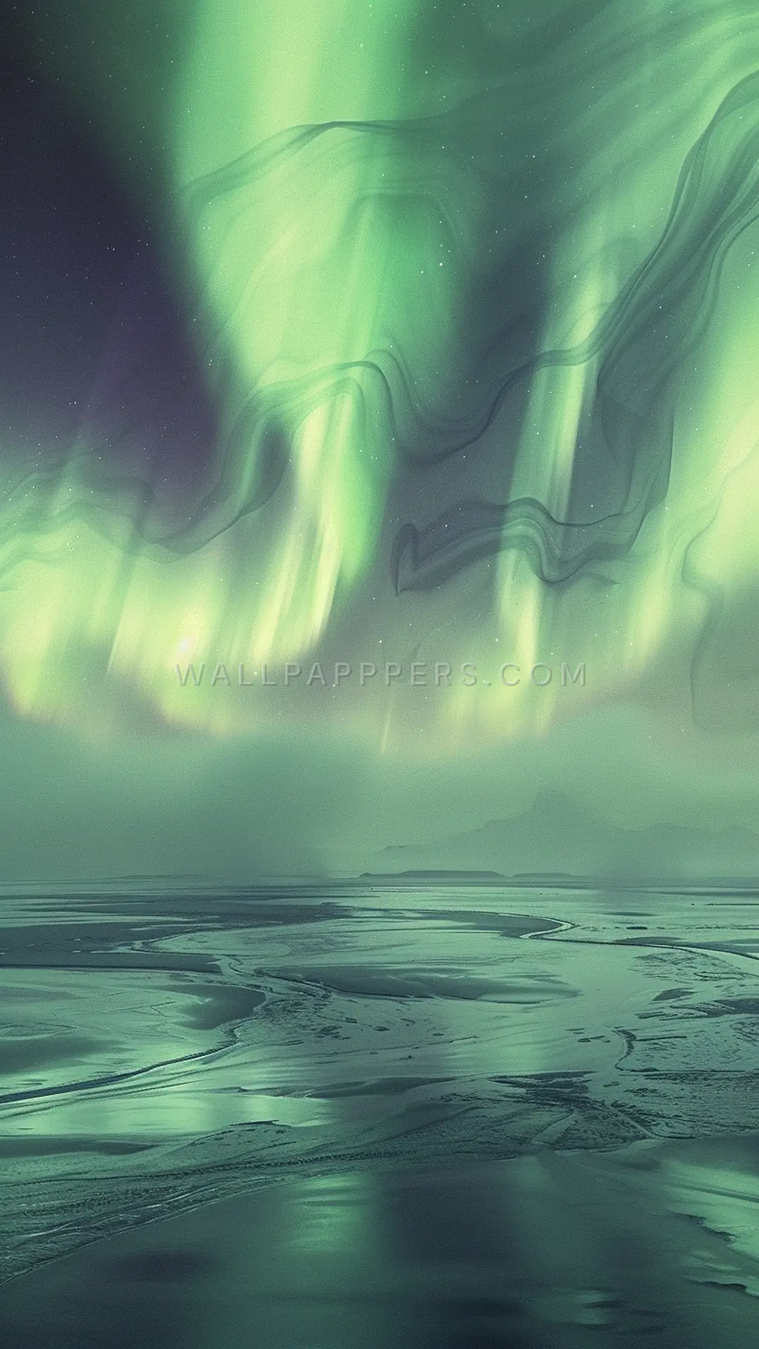 Aurora Over Foggy Bay, AI-generated aurora phone wallpaper