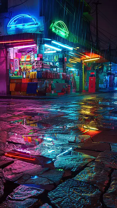 Vibrant Hardware Stall at Night, AI-generated urban phone wallpaper