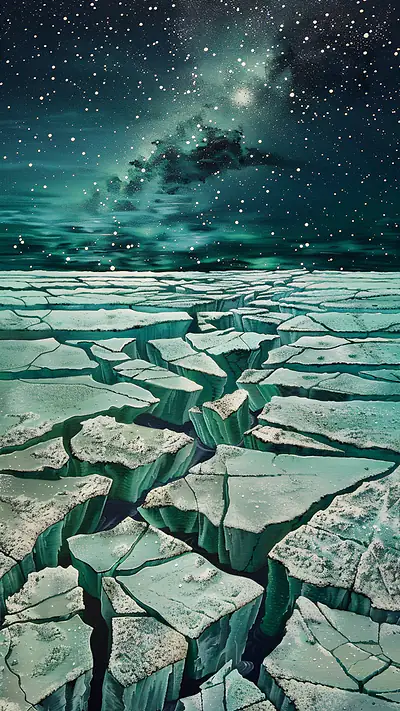 Cracked Ice Plains Under Stars, AI-generated cosmic phone wallpaper