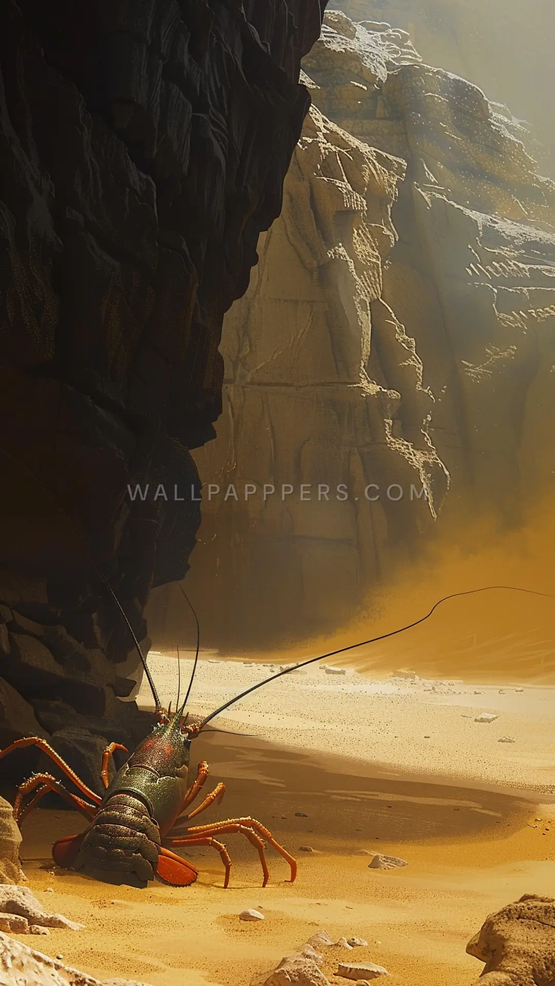 Lobster Under Rocky Overhang, AI-generated underwater phone wallpaper