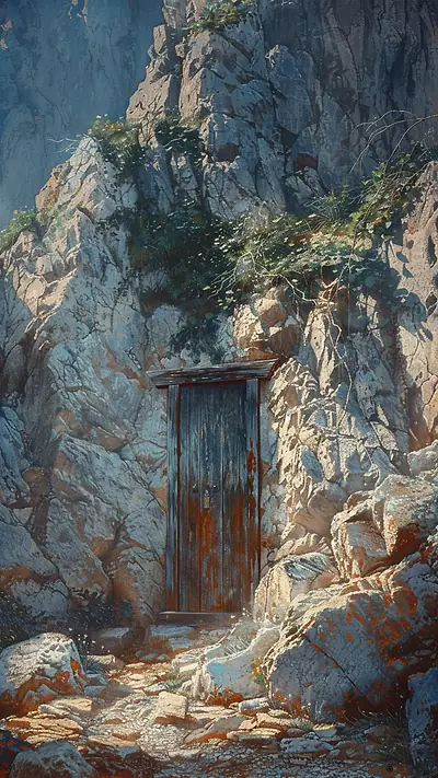 Mysterious Mountain Door, AI-generated fantasy phone wallpaper