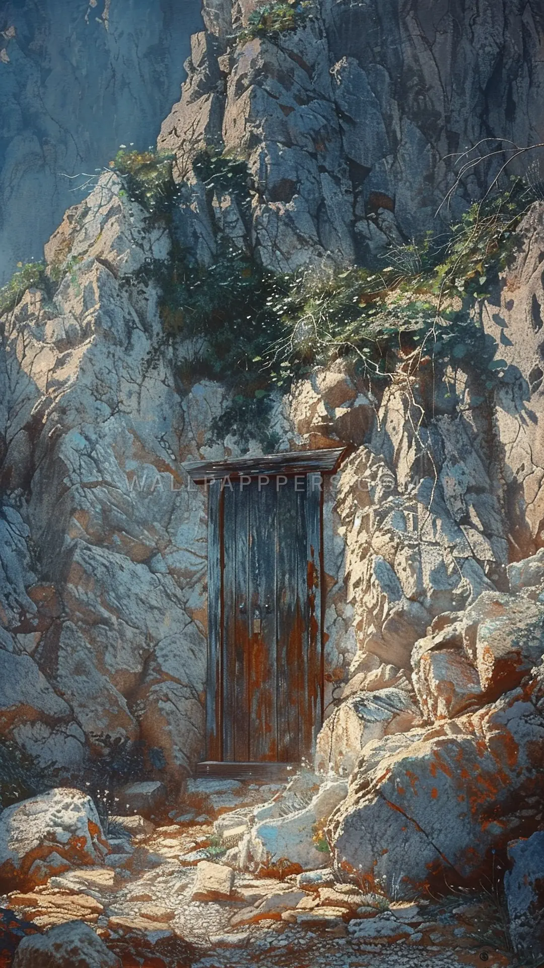 Mysterious Mountain Door, AI-generated fantasy phone wallpaper