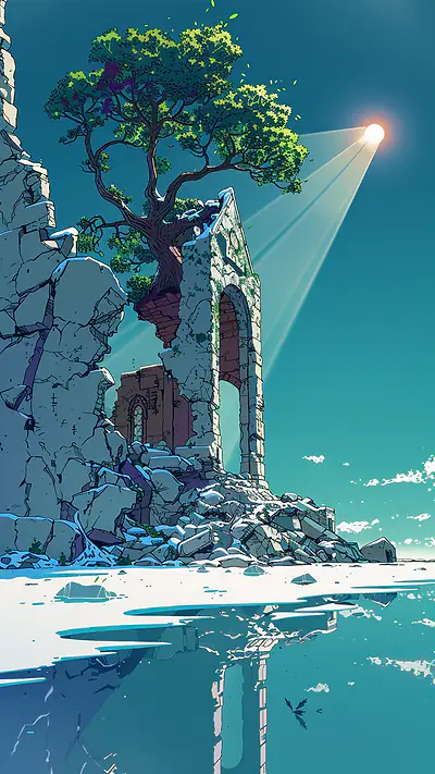 Half-Collapsed Chapel, AI-generated ruins phone wallpaper