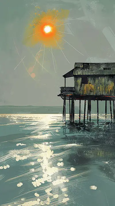 Weathered Canal House, AI-generated retro phone wallpaper