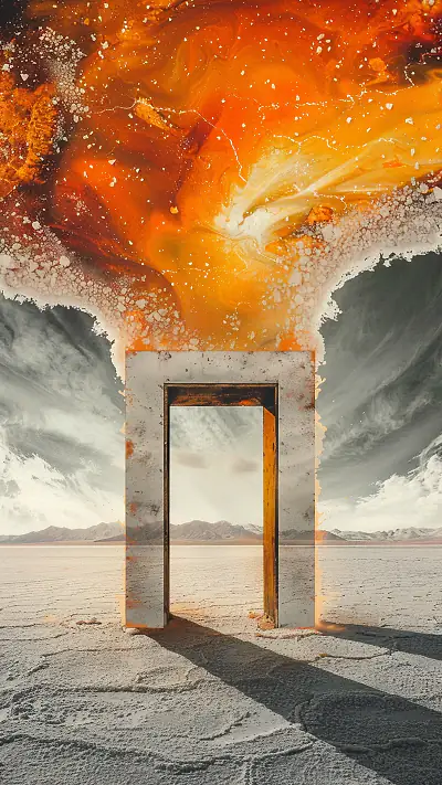 Endless Doorway on Salt Plain, AI-generated surreal phone wallpaper