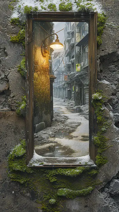Abandoned Alley Reflection, AI-generated urban phone wallpaper
