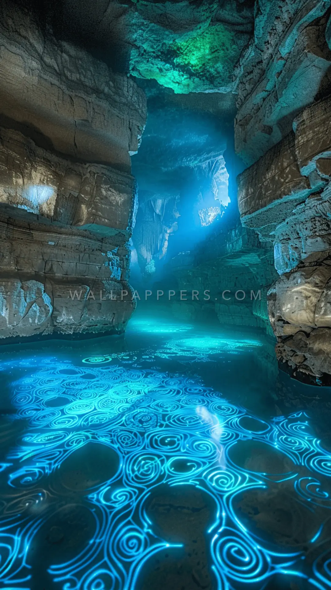 Glowing Cave Water Patterns, AI-generated underwater phone wallpaper