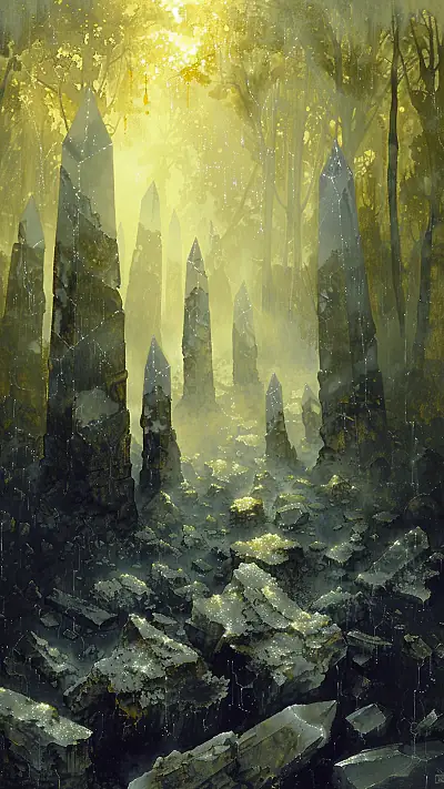 Obsidian Shards in Forest, AI-generated crystals phone wallpaper