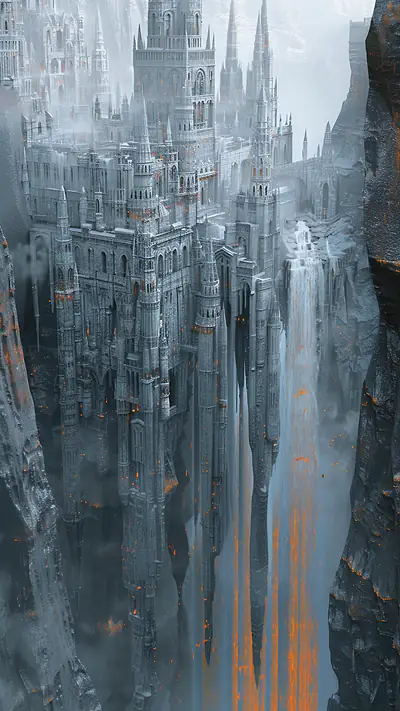 Citadel Behind Waterfall, AI-generated fantasy phone wallpaper