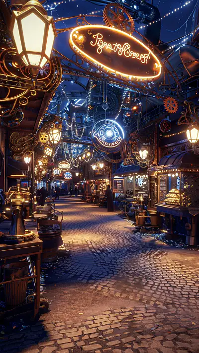Steampunk Market Delight, AI-generated steampunk phone wallpaper