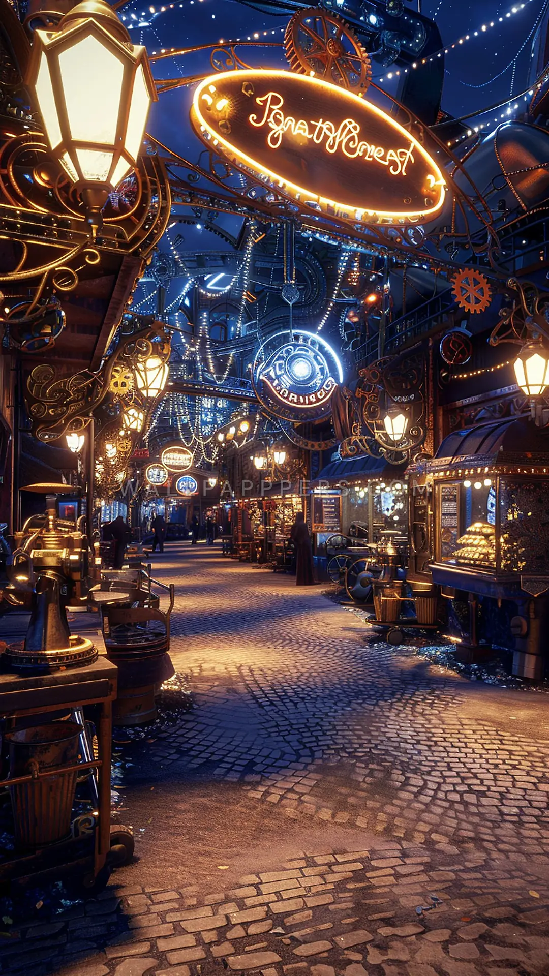 Steampunk Market Delight, AI-generated steampunk phone wallpaper