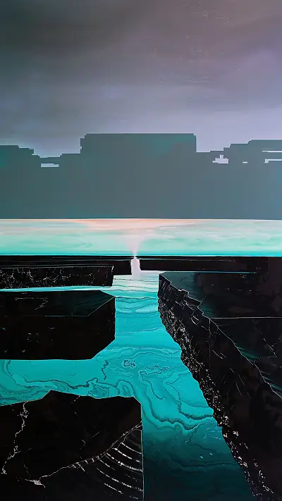 Obsidian River Scene, AI-generated vaporwave phone wallpaper