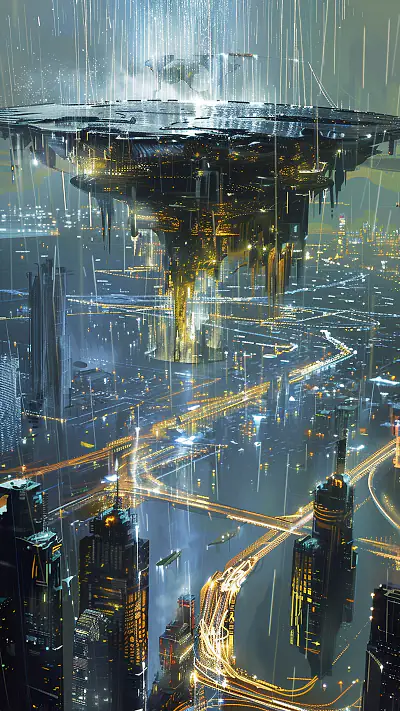 Floating Island Over Cityscape, AI-generated cyberpunk phone wallpaper