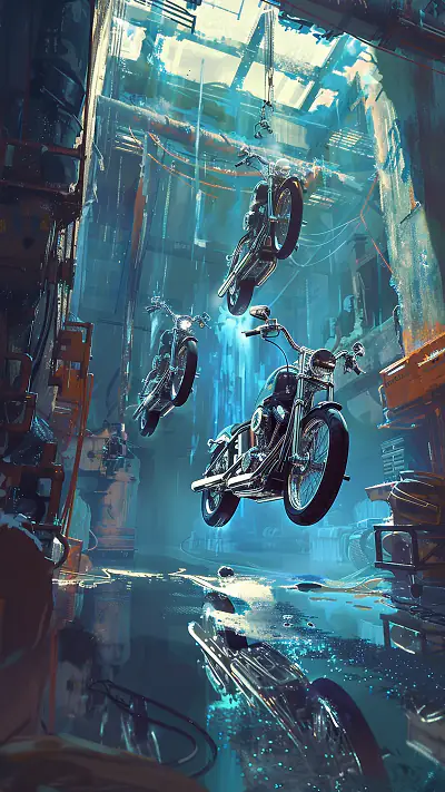 Floating Motorcycles in Repair Bay, AI-generated surreal phone wallpaper
