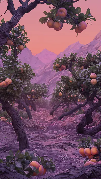Enchanted Stone Fruit Orchard, AI-generated fantasy phone wallpaper