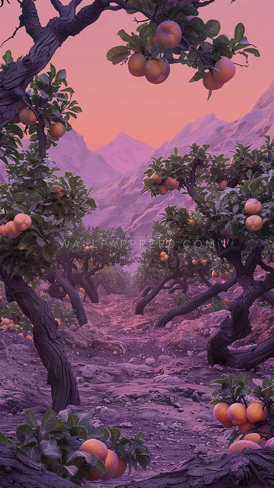 Enchanted Stone Fruit Orchard, AI-generated fantasy phone wallpaper