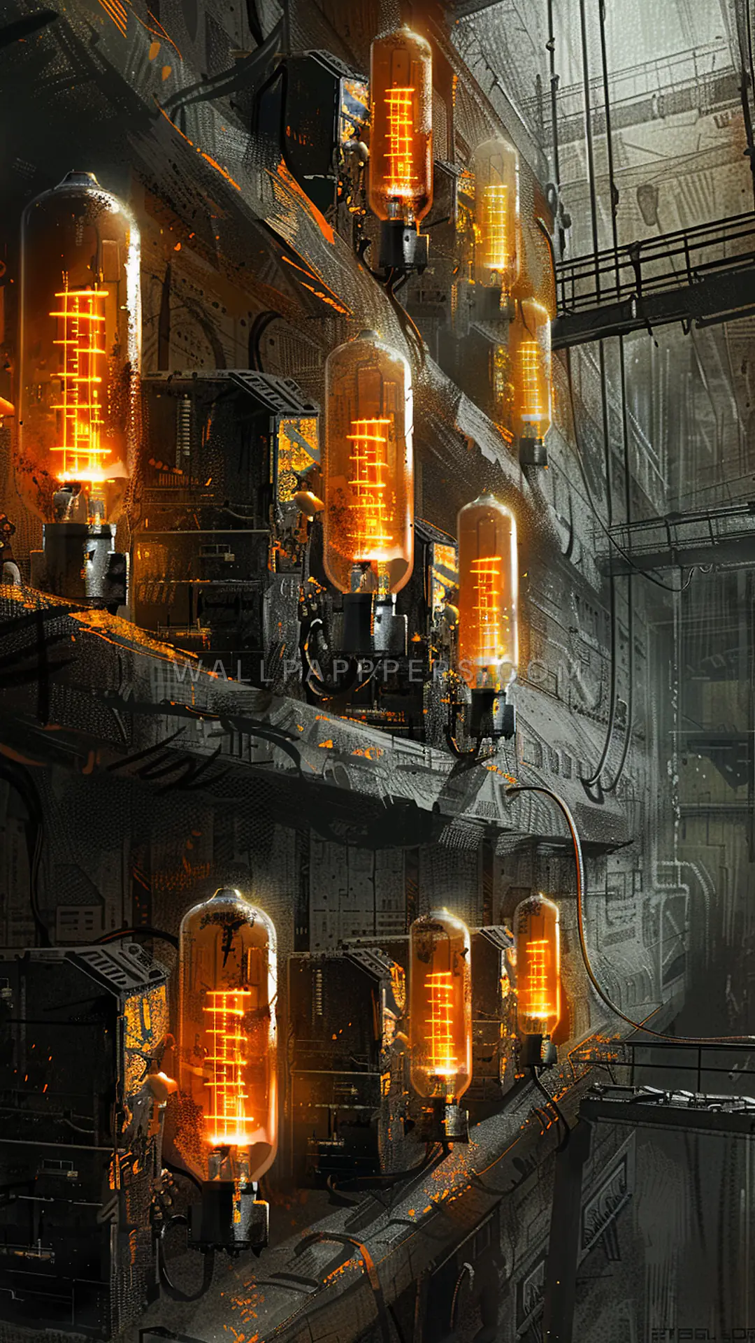 Glowing Vacuum Tubes, AI-generated cyberpunk phone wallpaper