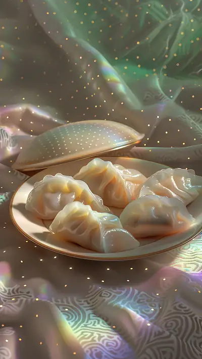 Delicate Dumplings on Plate, AI-generated food phone wallpaper