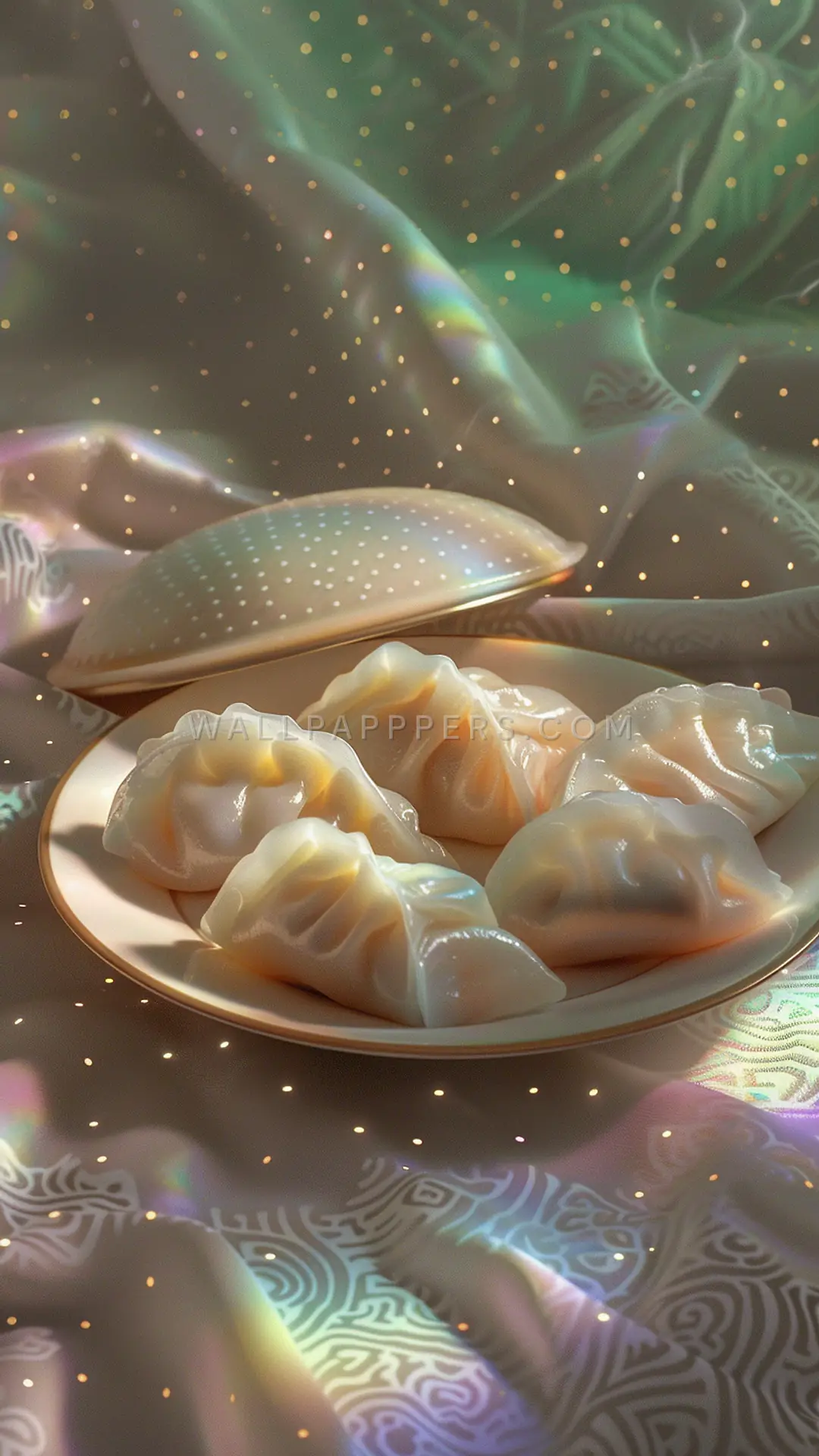 Delicate Dumplings on Plate, AI-generated food phone wallpaper