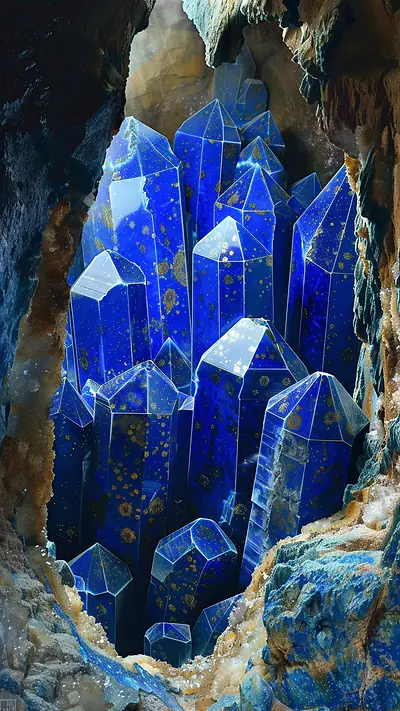 Lapis Lazuli Crystals in Cavern, AI-generated crystals phone wallpaper