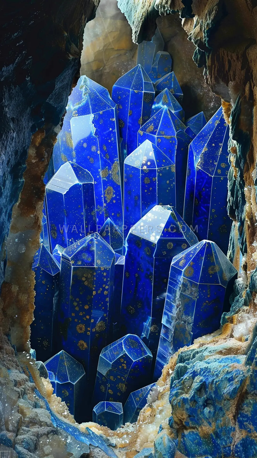 Lapis Lazuli Crystals in Cavern, AI-generated crystals phone wallpaper