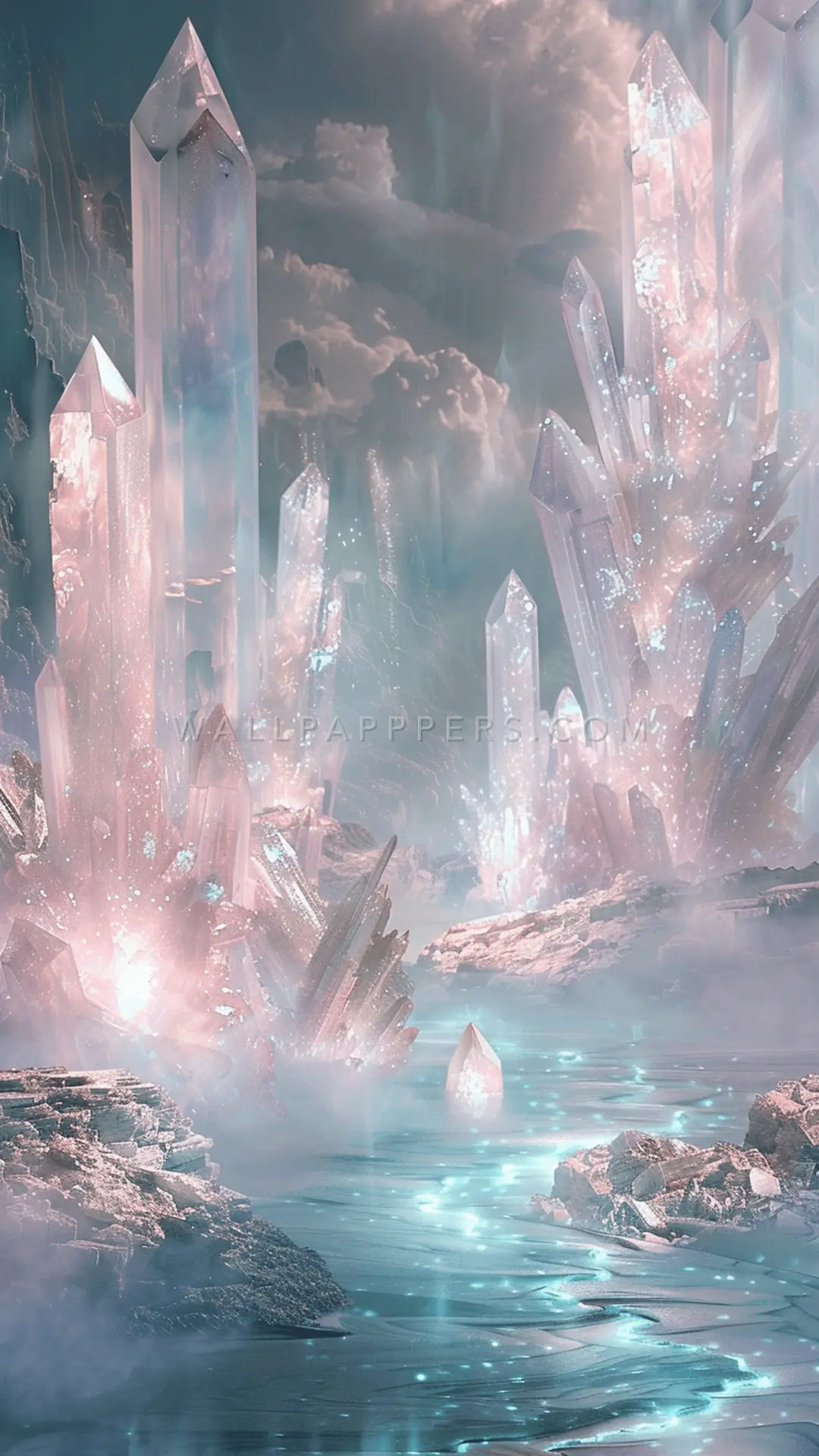 Ethereal Crystal Landscape Scenery, AI-generated crystals phone wallpaper