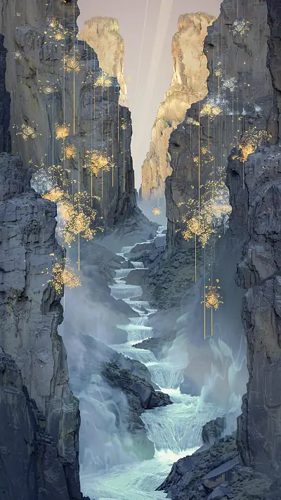 Gravity-Defying River, AI-generated fantasy phone wallpaper
