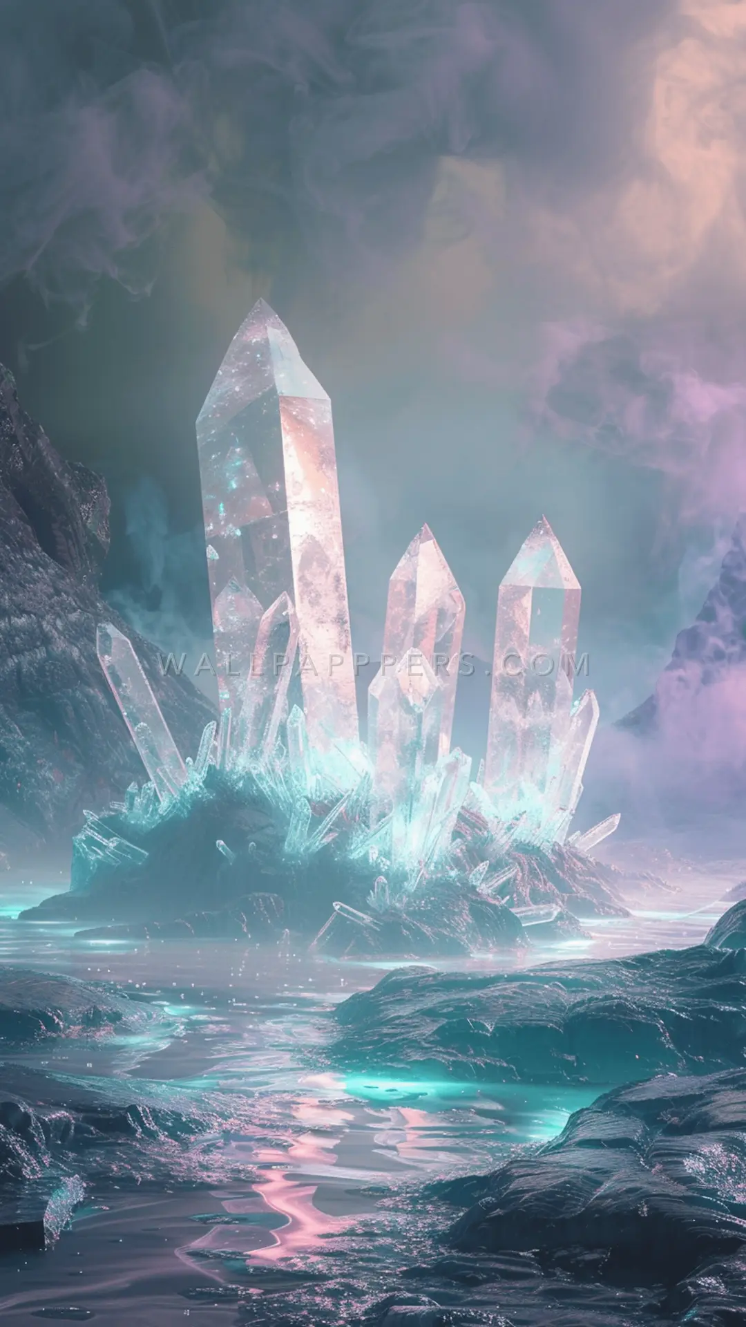 Glowing Crystals In Fog, AI-generated crystals phone wallpaper
