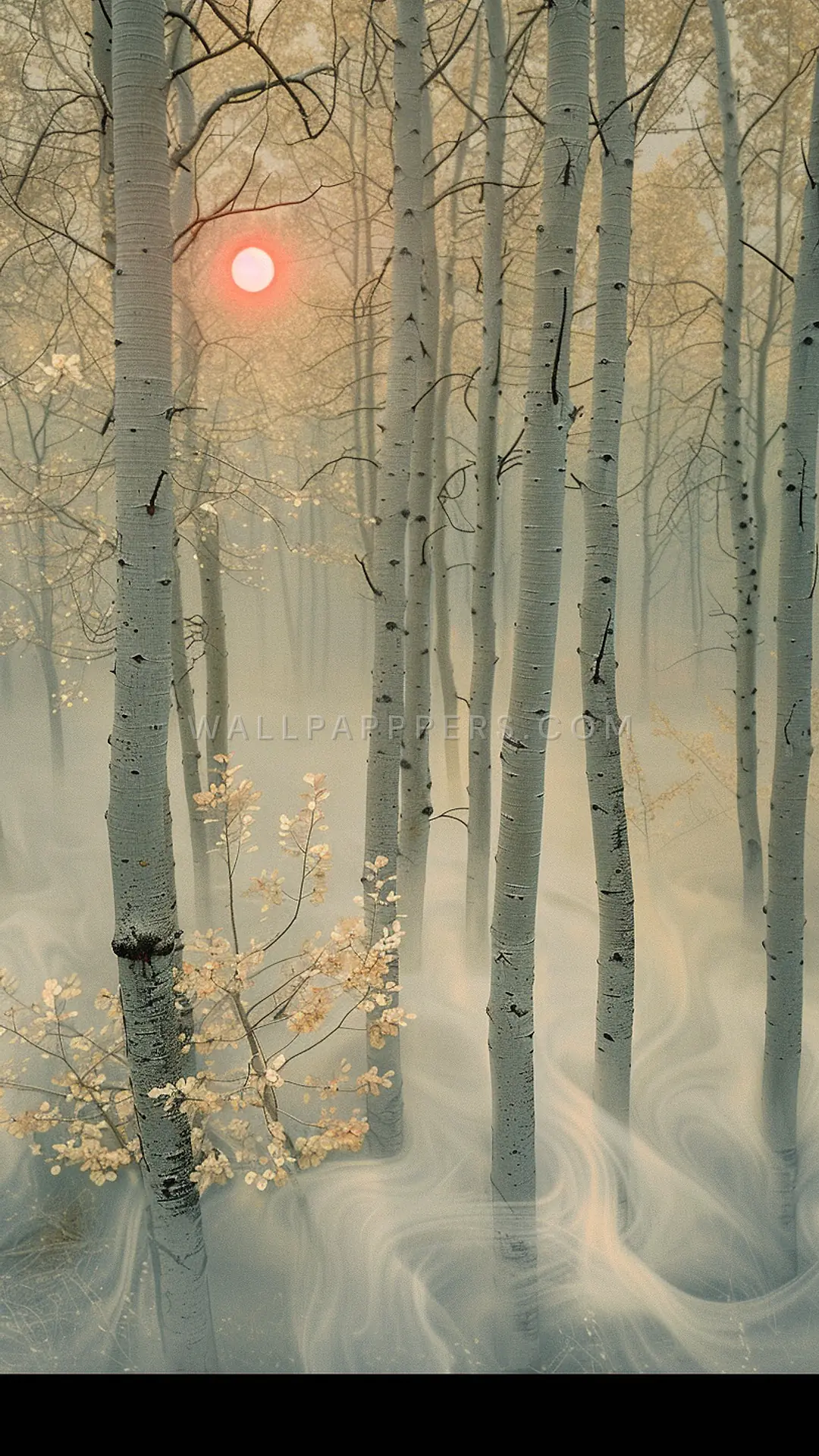 Aspens in Fog, AI-generated forest phone wallpaper