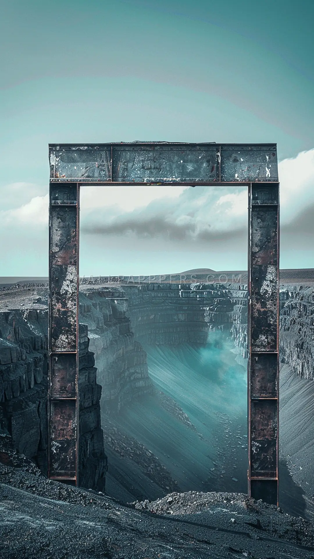 Weathered Pit Head Frame, AI-generated ruins phone wallpaper