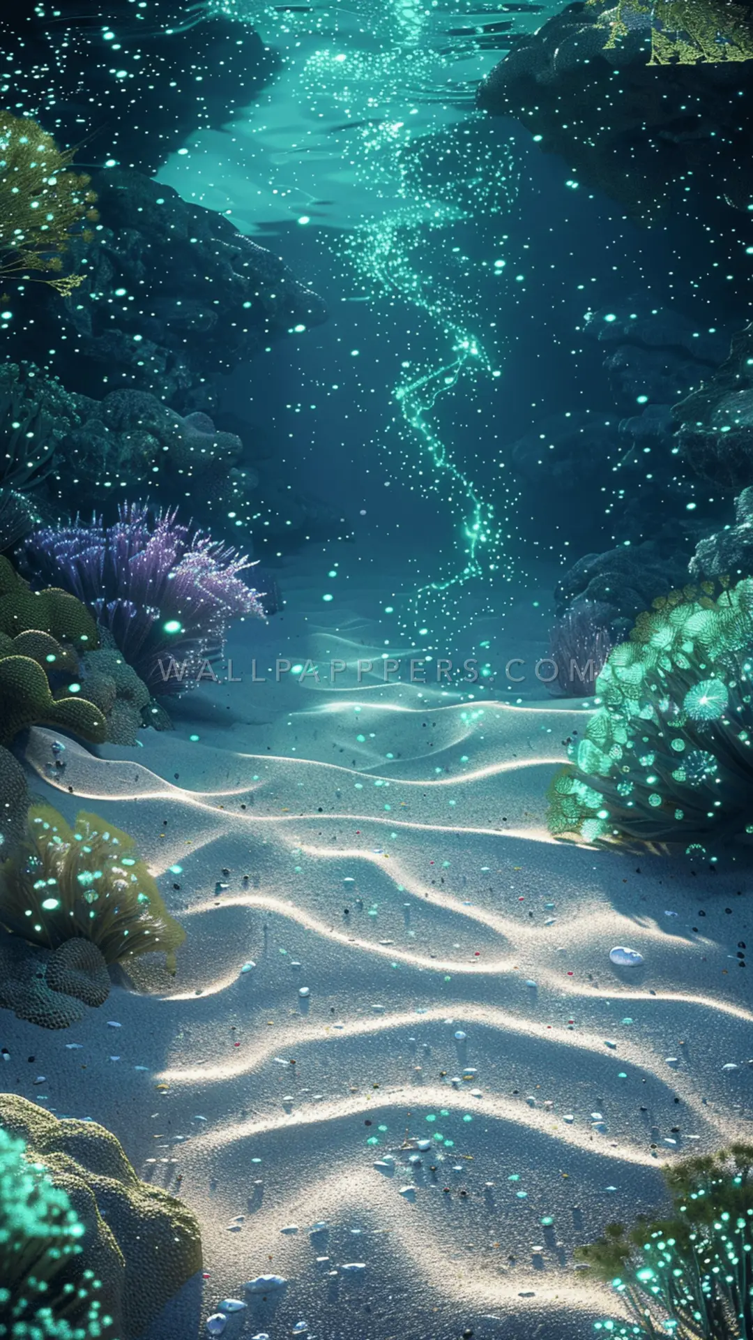 Underwater Glittering Sea Scene, AI-generated underwater phone wallpaper