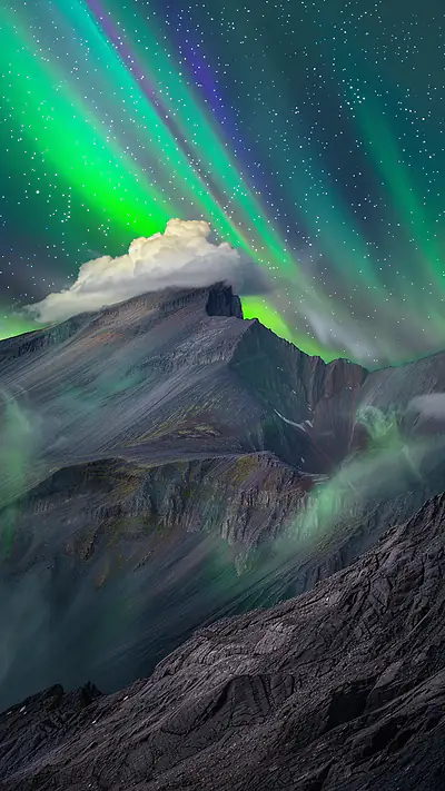 Aurora Over Rugged Summit, AI-generated aurora phone wallpaper