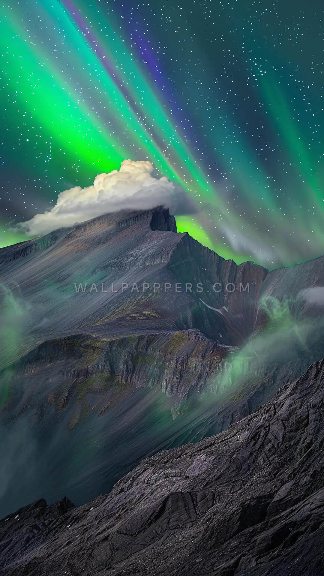 Aurora Over Rugged Summit, AI-generated aurora phone wallpaper