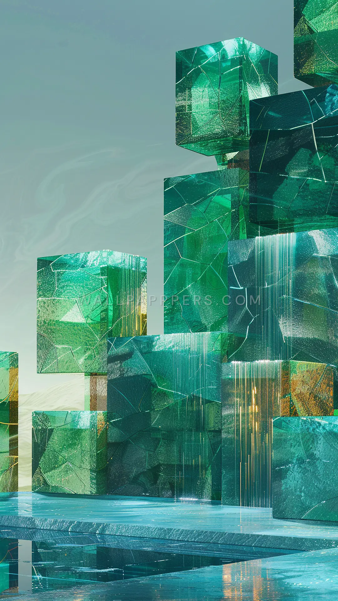 Abstract Emerald Blocks, AI-generated abstract phone wallpaper