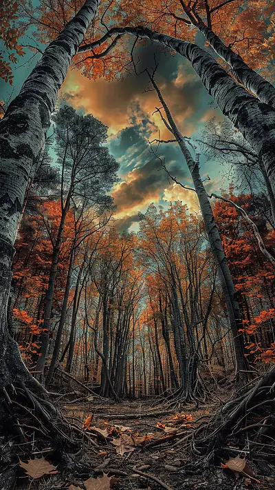 Towering Trees in Autumn, AI-generated forest phone wallpaper