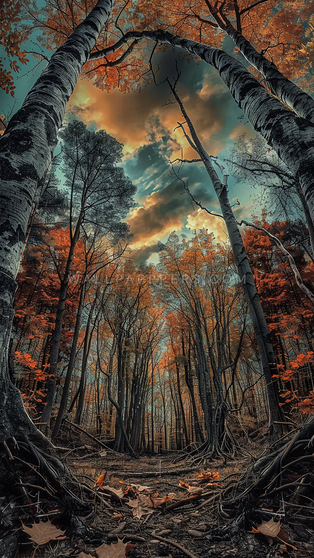 Towering Trees in Autumn, AI-generated forest phone wallpaper