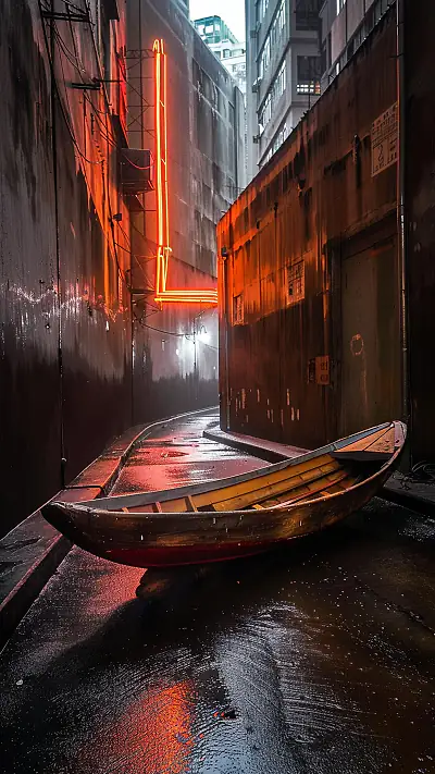 Bangka Boat in Urban Alley, AI-generated urban phone wallpaper