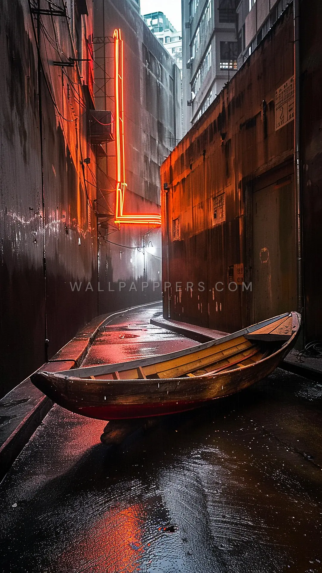 Bangka Boat in Urban Alley, AI-generated urban phone wallpaper
