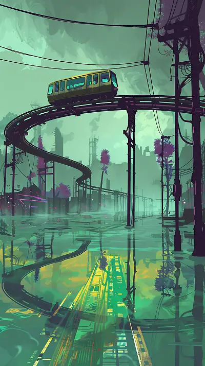 Monorail Above Flooded Intersection, AI-generated fantasy phone wallpaper